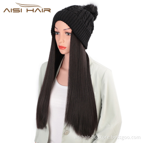 Aisi Hair Synthetic Black Long Straight Silky Cap Hair Knit Slouchy Hat Fiber Hair Extension With Cap For Black White Women